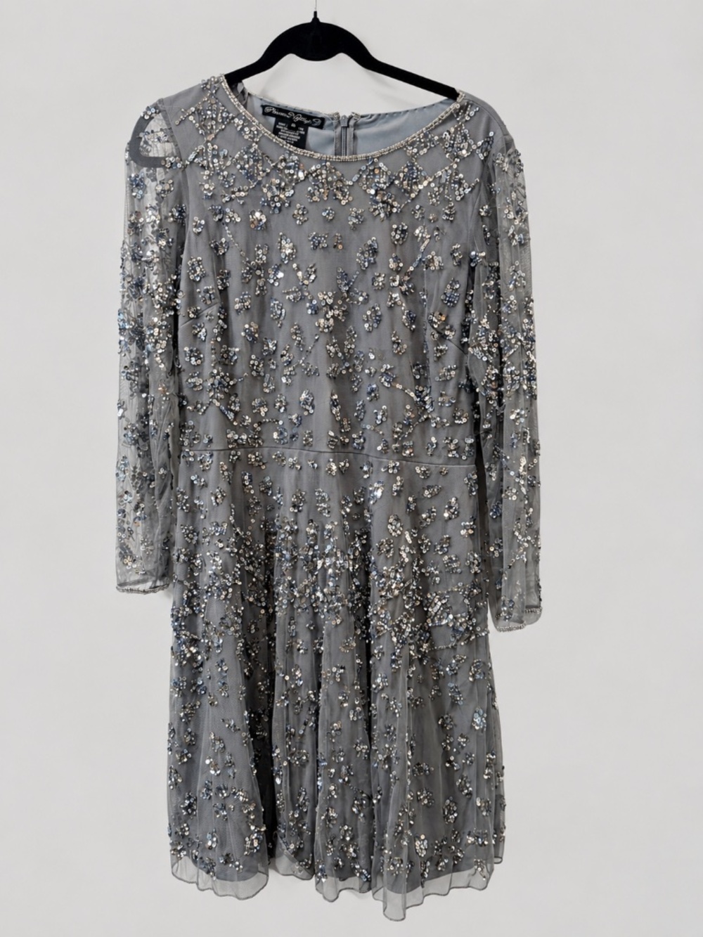 Pisarro Nights Gray Silver Floral Beaded Dress Size 10